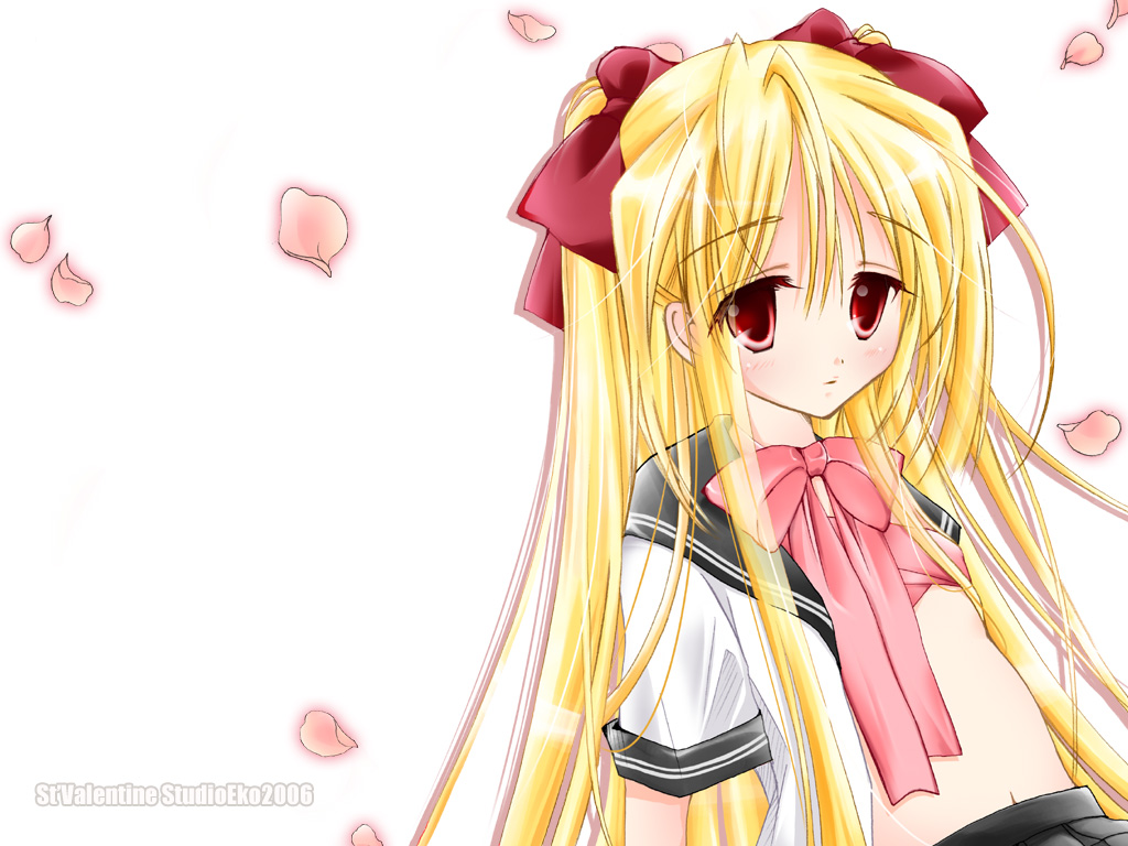 studio eko, suzunari ichigo, 1girl, blonde hair, bow, female focus, long hair, open clothes, open shirt, petals, pink bow, pink ribbon, red bow, red eyes, ribbon, school uniform, serafuku, shirt, simple background, solo, valentine