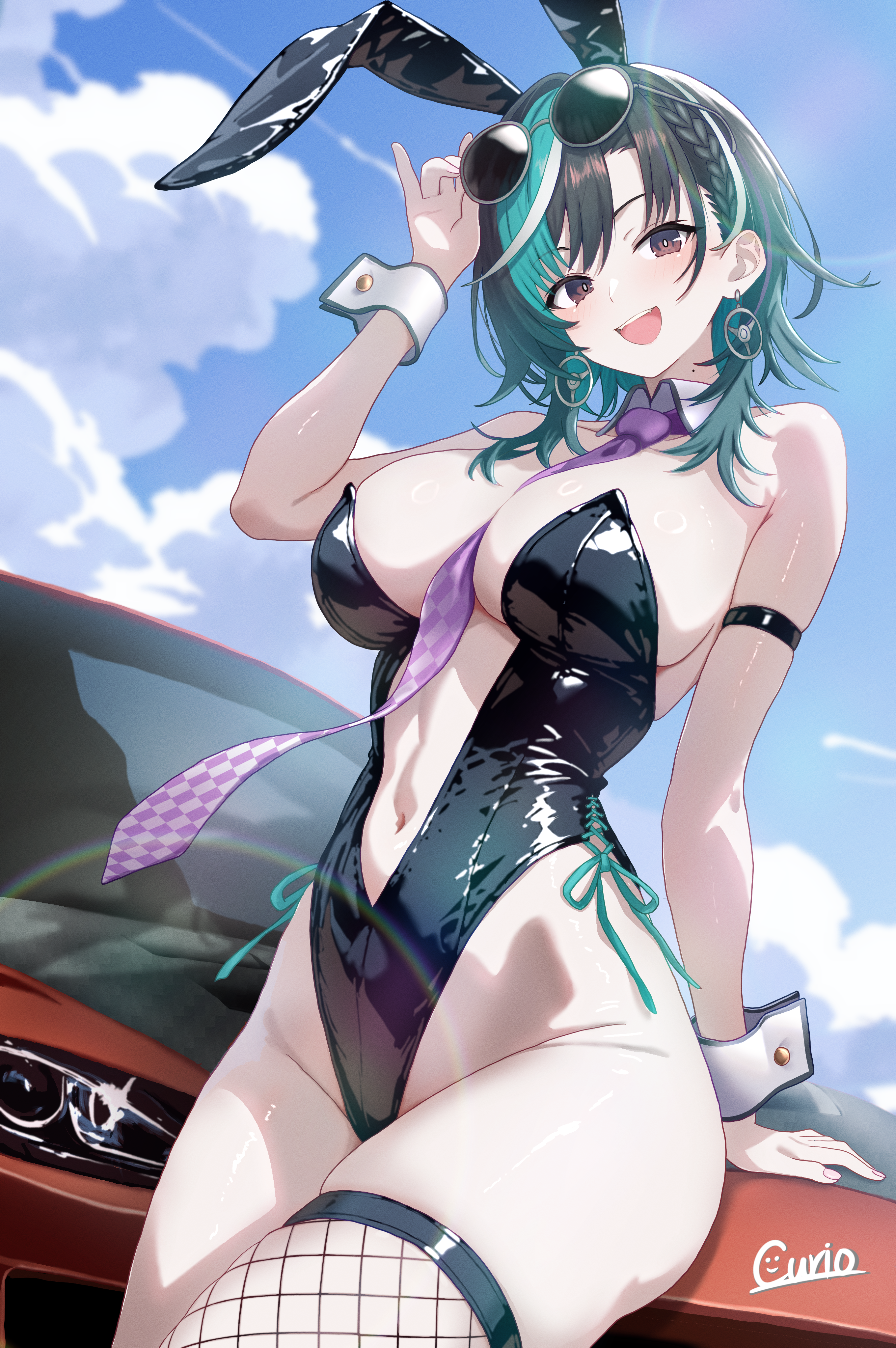 curio (curiofinity), rindo chihaya, hololive, hololive dev is, absurdres, commentary request, highres, 1girl, adjusting eyewear, alternate costume, animal ears, aqua hair, arm up, bare shoulders, between breasts, black hair, black leotard, blue sky, braid, braided bangs, breasts, car, cleavage, cloud, colored inner hair, day, earrings, fake animal ears, jewelry, large breasts, leotard, looking at viewer, mazda rx-8, medium hair, motor vehicle, multicolored hair, navel, necktie, necktie between breasts, open mouth, outdoors, playboy bunny, purple hair, purple necktie, rabbit ears, red eyes, round eyewear, side-tie leotard, single thighhigh, sky, solo, strapless, strapless leotard, streaked hair, sunglasses, thighhighs, virtual youtuber, white hair, wrist cuffs