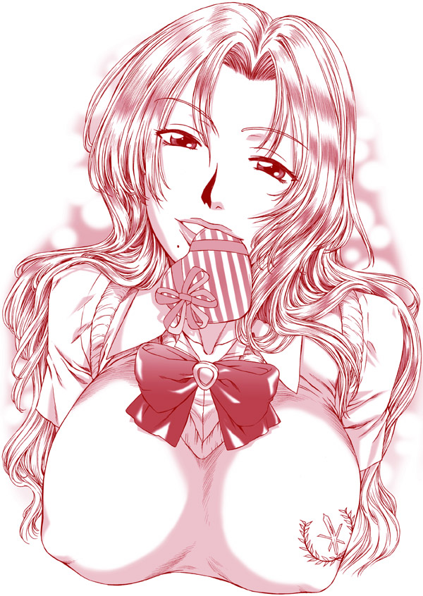 hanzaki jirou, matsumoto rangiku, bleach, striped, 00s, 1girl, bow, bowtie, breasts, covered erect nipples, female focus, grin, head tilt, heart, huge breasts, lips, long hair, looking at viewer, mole, mole under mouth, monochrome, mouth hold, parted bangs, ribbon, school uniform, serafuku, shirt, short sleeves, smile, solo, sweater vest, upper body, valentine, wavy hair, wing collar