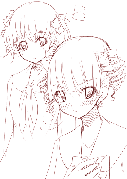 nakamura kusata, fukuzawa yumi, matsudaira touko, maria-sama ga miteru, 00s, 2girls, blush, monochrome, multiple girls, red theme, school uniform, serafuku, sketch, twintails
