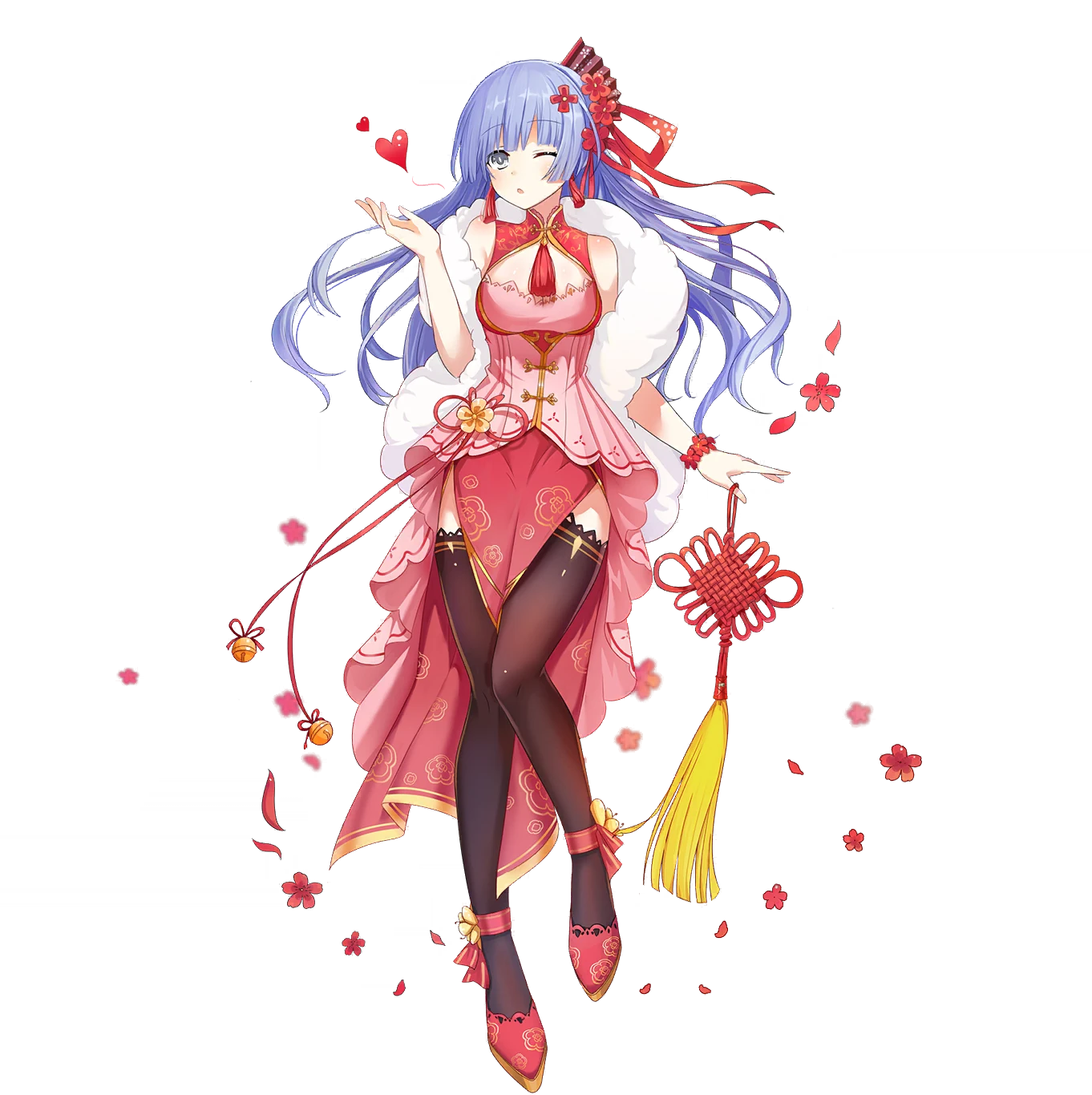 izayoi miku, date a live, date a live: spirit pledge, highres, official art, third-party source, 1girl, black thighhighs, blue eyes, blue hair, breasts, china dress, chinese clothes, dress, earrings, flower, hair flower, hair ornament, hair ribbon, heart, jewelry, large breasts, long hair, looking at viewer, official alternate costume, one eye closed, open mouth, pink dress, ribbon, solo, tachi-e, tassel, tassel earrings, thighhighs, transparent background