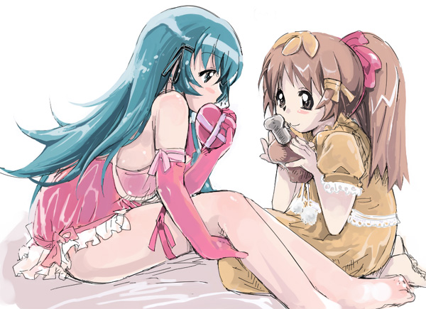 demag, kotona elegance, re mii, zoids, zoids genesis, 00s, 2girls, aqua eyes, aqua hair, bad anatomy, bad feet, bare legs, barefoot, blush, boned meat, brown eyes, brown hair, dress, elbow gloves, feet, food, gloves, hair ribbon, heart, looking at another, meat, multiple girls, ponytail, poorly drawn, red dress, ribbon, simple background, smile, valentine, white background, yellow dress