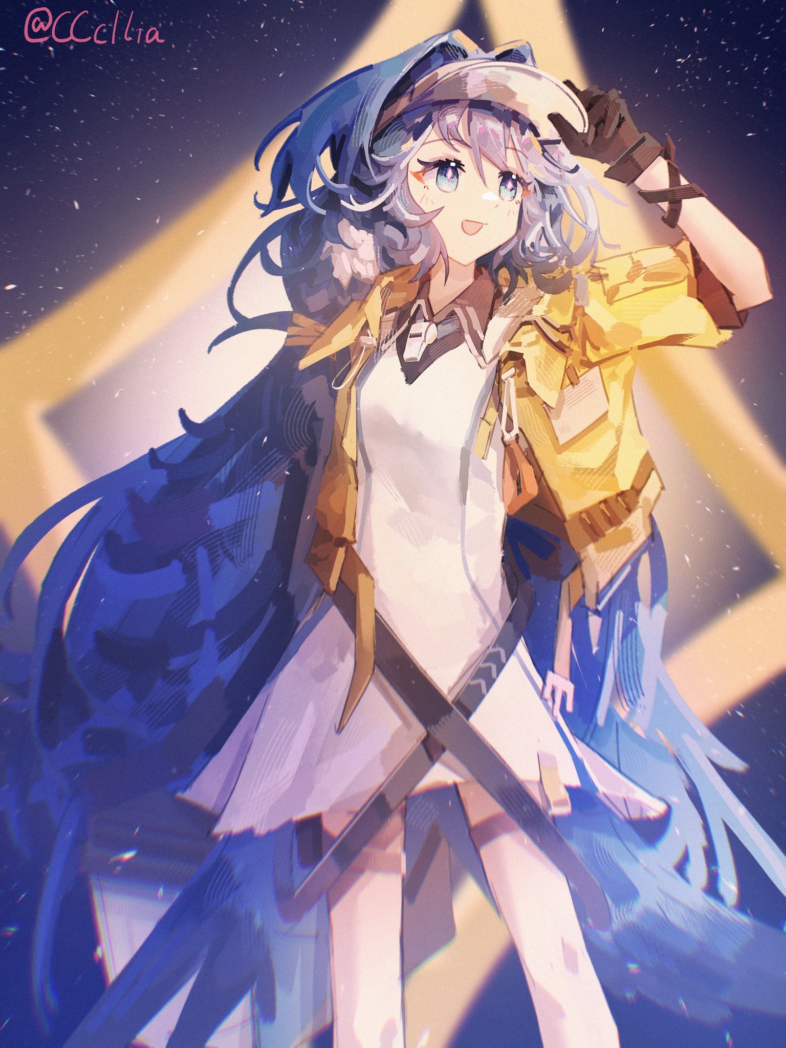 sakuratani hane, astesia (arknights), astesia (fantastic crafts) (arknights), arknights, commentary, highres, 1girl, animal ears, bird ears, bird tail, black gloves, blue eyes, blue hair, bright pupils, dress, feather hair, gloves, hat, jacket, long hair, open mouth, solo, tail, twintails, twitter username, white dress, yellow jacket
