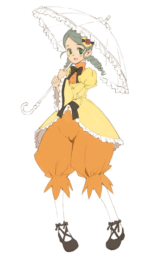 murasawa hiroshi, kanaria, rozen maiden, 00s, 1girl, :d, baggy pants, blush, drill hair, female focus, full body, green eyes, green hair, hair ornament, holding, holding umbrella, long sleeves, looking at viewer, matching hair/eyes, open mouth, pants, pantyhose, parasol, shoes, simple background, smile, solo, standing, twin drills, umbrella, white background, white pantyhose