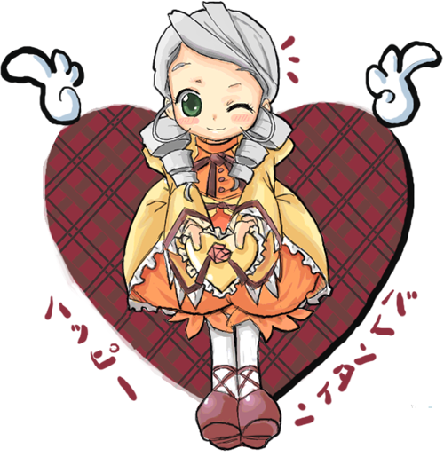 chaba (chabanyu), chaba, kanaria, rozen maiden, silver hair, translation request, 00s, 1girl, blush, dress, drill hair, female focus, flower, gift, green eyes, heart, holding, holding gift, leaning forward, one eye closed, pantyhose, rose, shoes, smile, solo, turtleneck, twin drills, twintails, valentine, white pantyhose, wings, wink