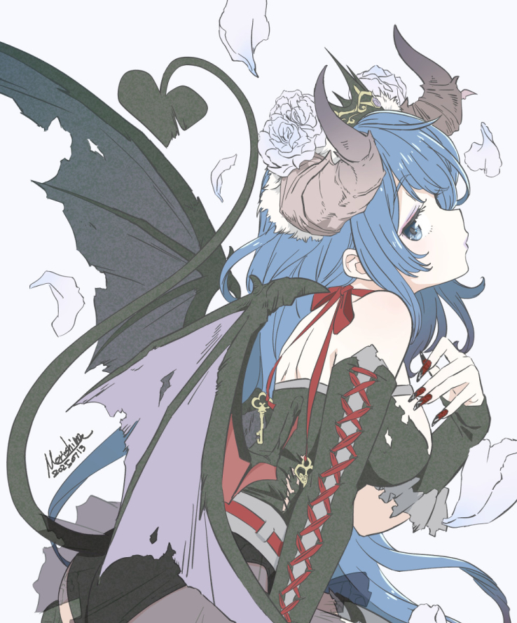 morishima noriko, yanami anna, make heroine ga oo sugiru!, commentary request, 1girl, artist name, back, bare shoulders, black crown, black gloves, black leotard, black pantyhose, black sleeves, black tail, black wings, blue eyes, blue hair, blue lips, bow, breasts, cosplay, cross-laced clothes, cross-laced gloves, crown, curled horns, dated, demon girl, demon tail, demon wings, detached sleeves, elbow gloves, fake nails, flower, from side, gloves, hair flower, hair ornament, horns, leotard, long hair, looking at viewer, medium breasts, neck ribbon, notched tail, pantyhose, petals, profile, red bow, red ribbon, ribbon, sideways glance, signature, single detached sleeve, single elbow glove, solo, tail, torn clothes, torn wings, very long hair, wings