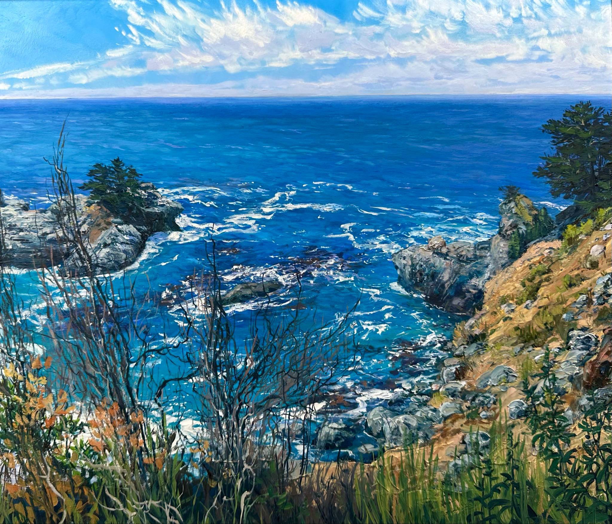 kate avery, original, commentary, english commentary, highres, oil painting (medium), painting (medium), traditional media, blue sky, cloud, cloudy sky, day, grass, no humans, ocean, outdoors, scenery, shore, sky, tree, water