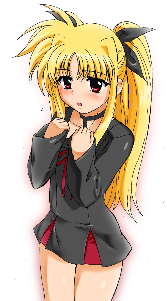 g-tetsu, fate testarossa, lyrical nanoha, mahou shoujo lyrical nanoha, mahou shoujo lyrical nanoha a's, highres, 00s, blonde hair, blush, choker, dress, long hair, red eyes