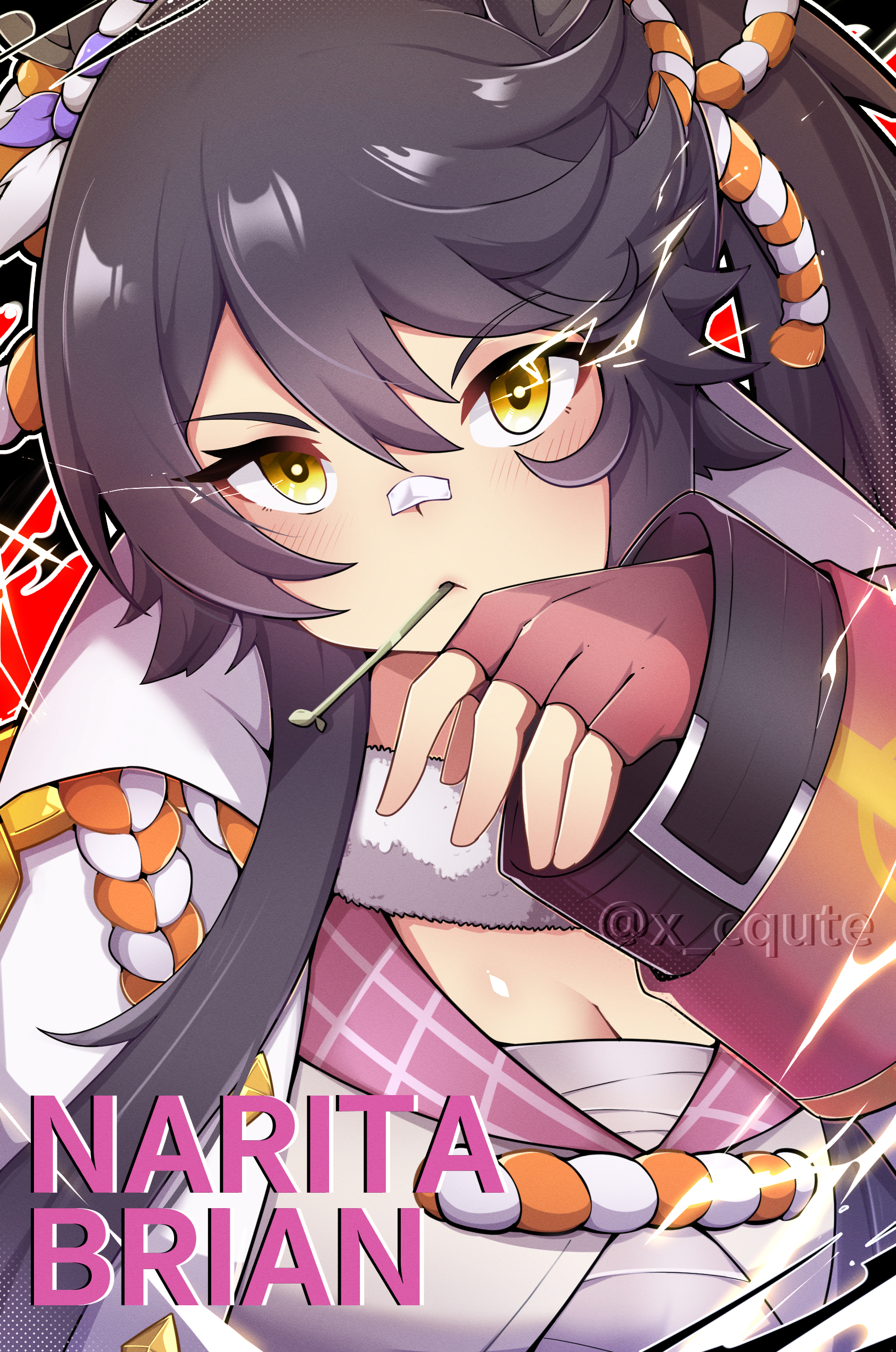dr.kira, narita brian (umamusume), umamusume, absurdres, commentary, highres, 1girl, animal ears, bandaid, bandaid on face, bandaid on nose, black hair, closed mouth, fingerless gloves, fur-trimmed jacket, fur trim, gloves, hair between eyes, horse ears, horse girl, jacket, long hair, long sleeves, looking at viewer, pink gloves, ponytail, rope, shimenawa, solo, upper body, white jacket, yellow eyes