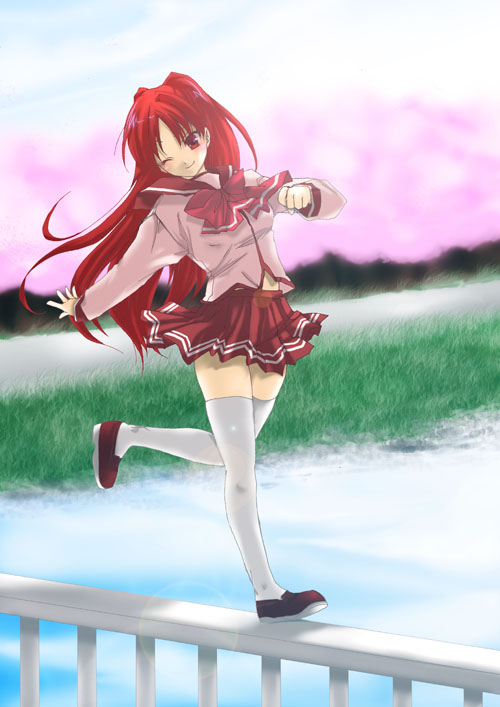 mikami mika, kousaka tamaki, to heart (series), to heart 2, 00s, 1girl, female focus, grass, long hair, one eye closed, pleated skirt, red hair, school uniform, serafuku, skirt, solo, thighhighs