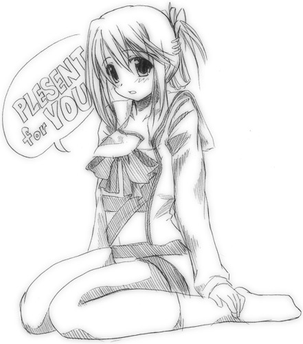 fujitsuki, komaki manaka, to heart (series), to heart 2, lowres, 00s, 1girl, english text, engrish text, female focus, folded ponytail, greyscale, monochrome, open clothes, open shirt, ranguage, ribbon, school uniform, serafuku, shirt, sketch, socks, solo, valentine