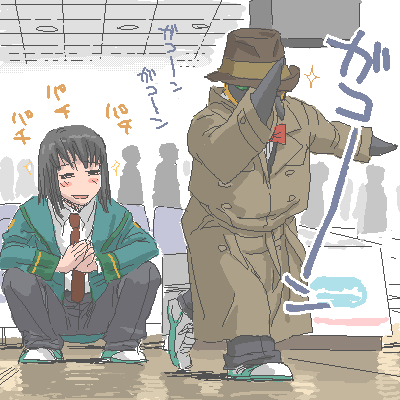 ouya (maboroshimori), q (street fighter), capcom, gunparade orchestra, street fighter, street fighter iii (series), lowres, 2boys, bird, clapping, coat, cosplay, fedora, hat, indoors, male focus, multiple boys, oekaki, penguin, squatting, trench coat