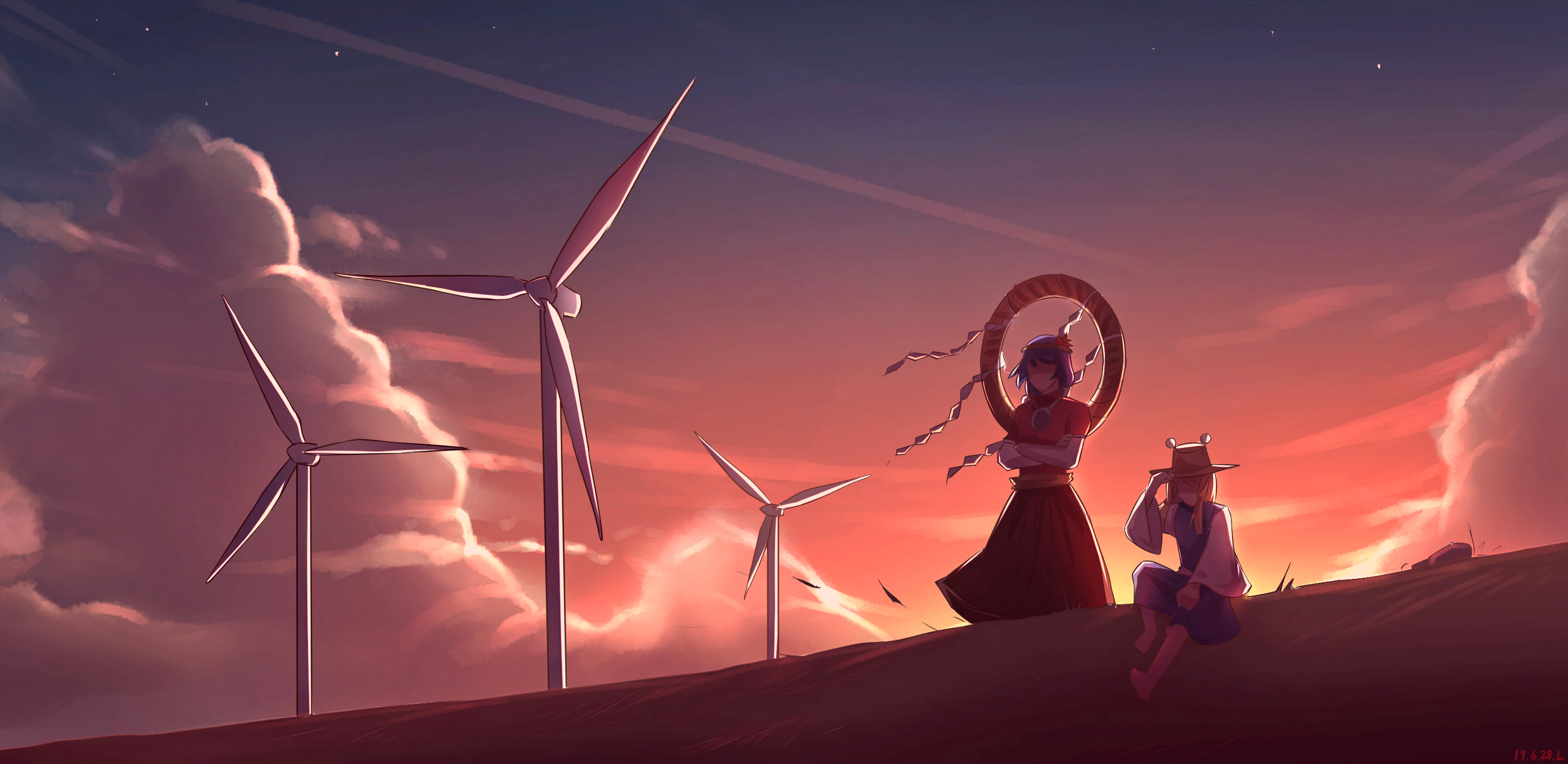 royl, moriya suwako, yasaka kanako, touhou, chinese commentary, commentary, highres, 2girls, blonde hair, cloud, crossed arms, cumulonimbus cloud, dated, dusk, faceless, hair ornament, hat, hat tip, layered sleeves, leaf, long skirt, long sleeves, maple leaf, medium hair, mirror, multiple girls, purple hair, purple skirt, purple vest, red shirt, rock, rope, scenery, shimenawa, shirt, short hair, sidelocks, sitting, skirt, standing, star (sky), sunset, vest, wide shot, wide sleeves, wind, wind turbine, windmill