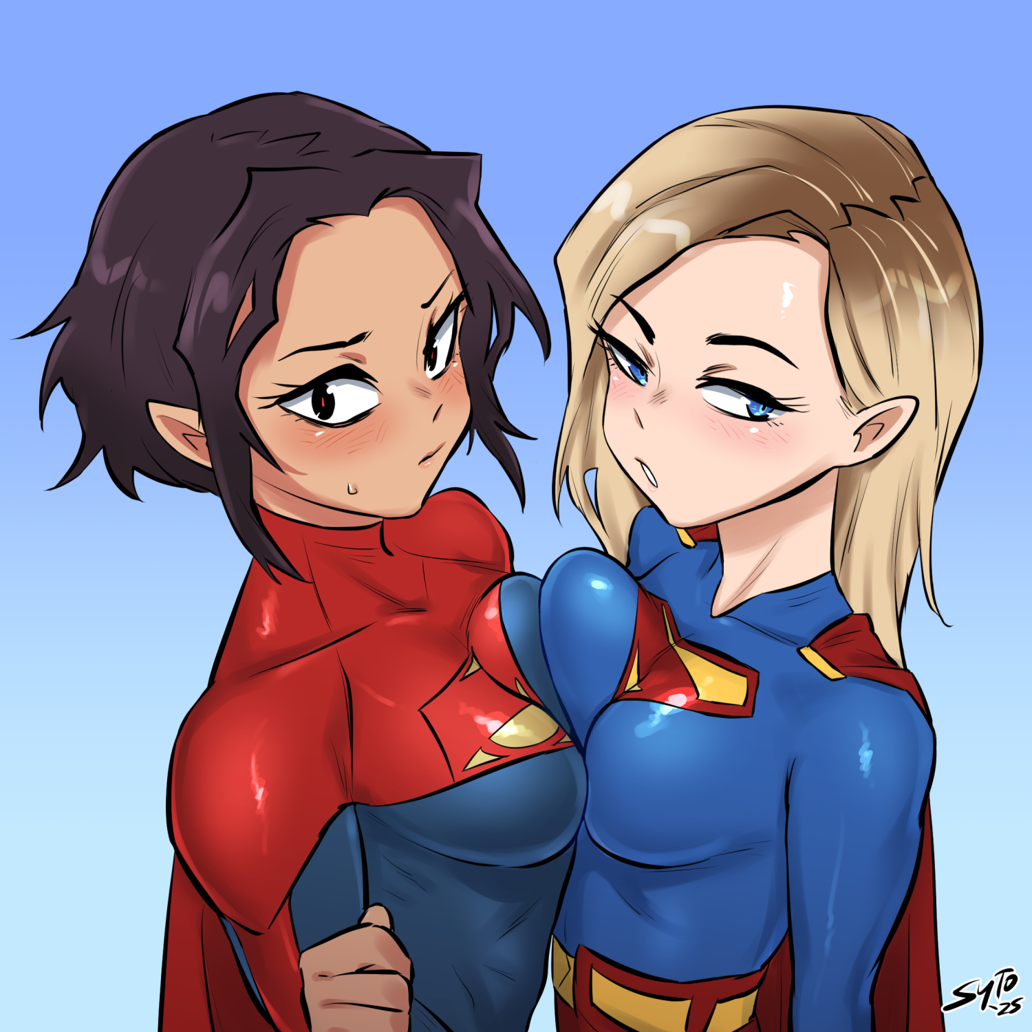 sytokun, dc comics, dc universe (franchise), superman (2025), superman (series), the flash (series), highres, 2girls, black hair, blonde hair, blue bodysuit, blue eyes, bodysuit, boots, breast press, breasts, brown eyes, coat, gradient background, in-franchise crossover, long hair, looking at viewer, multiple girls, multiple persona, red boots, short hair, simple background, skin tight, skirt, standing, superhero costume, sweatdrop, yuri