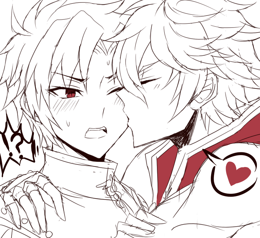 champion (ragnarok online), creator (ragnarok online), ragnarok online, 2boys, astrarunia, caduceus, cheek kiss, chen lio, double cheek kiss, flamel emure, greyscale, heart, kiss, kissing cheek, looking at another, male focus, monochrome, multiple boys, one eye closed, open mouth, red eyes, short hair, sketch, spoken heart, spot color, yaoi