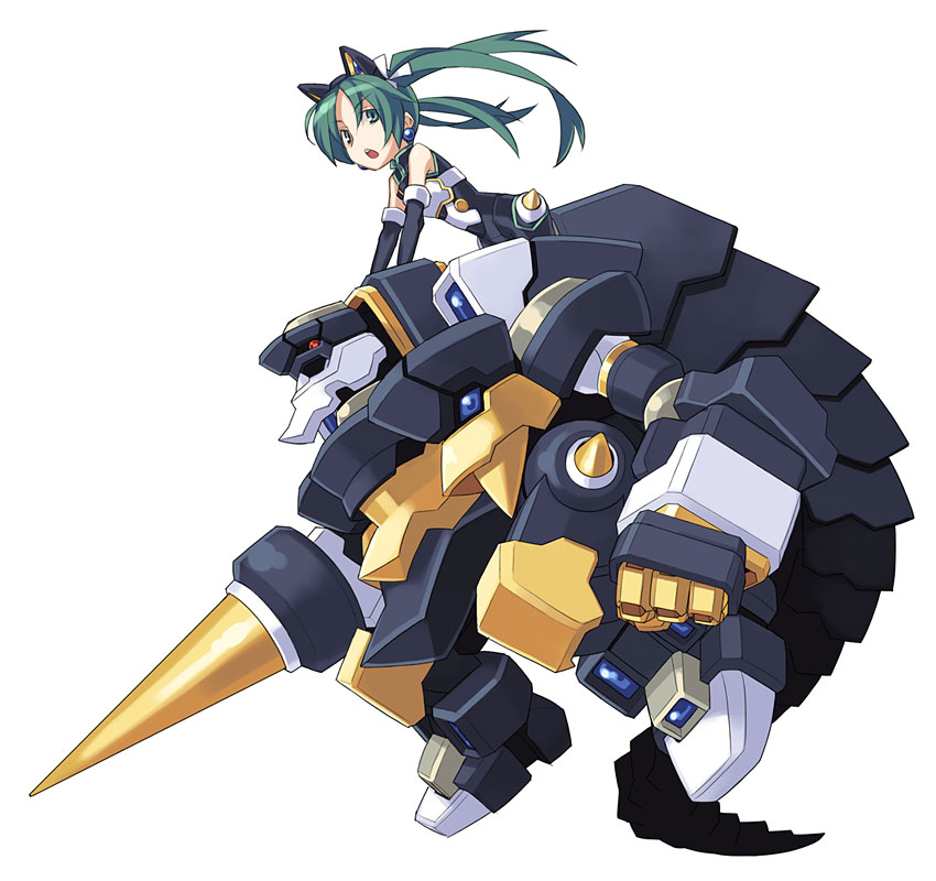 tanaka (cow), yamai (lsd), pygmalion, pygmalion (shinrabanshou), shinrabanshou, 1girl, animal ears, cat ears, earrings, female focus, green eyes, green hair, hair tie, jewelry, matching hair/eyes, pilot, piloting, robot, solo, twintails