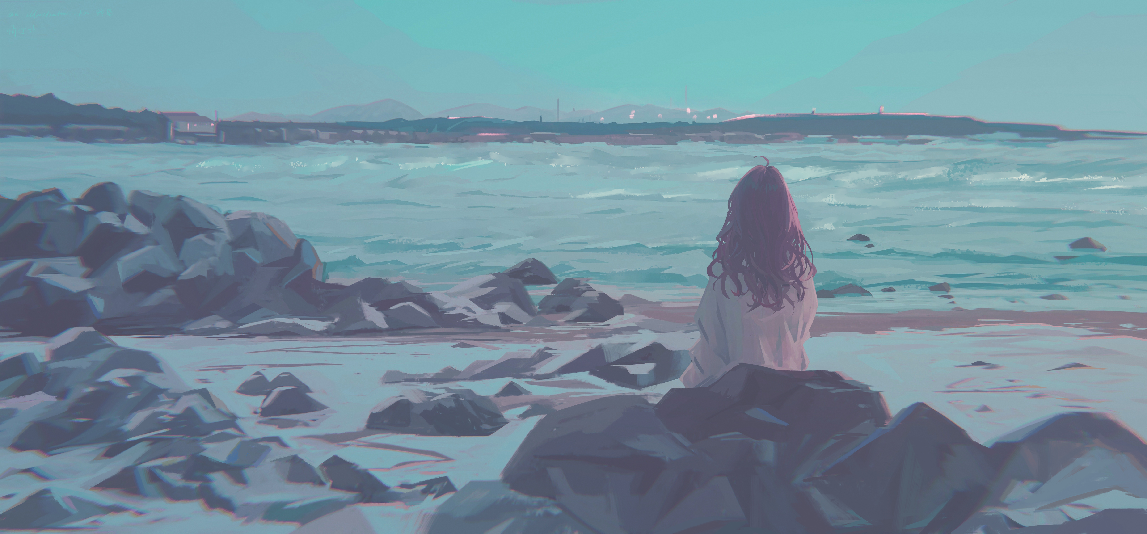 qingli ye, original, absurdres, commission, highres, pixiv commission, 1girl, ahoge, beach, brown hair, from behind, long hair, mountainous horizon, scenery, shirt, sitting, solo, water, white shirt