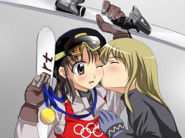 sanshita, olympics, 2girls, blonde hair, blush, brown eyes, brown hair, closed eyes, gloves, goggles, goggles on forehead, goggles on head, gold medal, helmet, kiss, kissing cheek, medal, multiple girls, olympic rings, one eye closed, ski goggles, skier, skis, yuri
