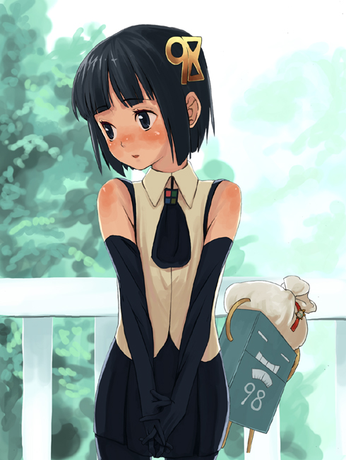 b-ginga, 98-tan, os-tan, looking away, 1girl, ascot, black eyes, black hair, blush, bob cut, day, elbow gloves, female focus, gloves, hair ornament, hairclip, outdoors, own hands together, railing, sack, shirt, shy, skirt, sleeveless, sleeveless shirt, solo, tree, v arms
