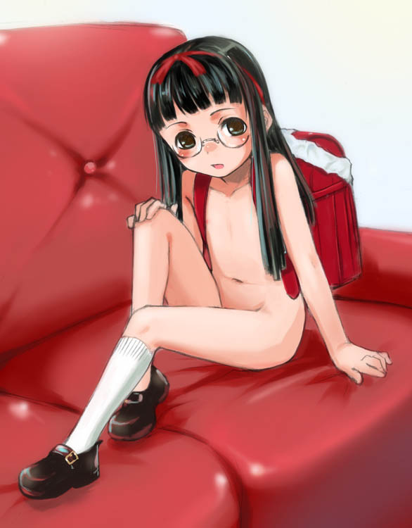 sody, original, 1girl, backpack, bag, female focus, glasses, loli, long hair, nude, panties, randoseru, shoes, socks, solo, underwear, unworn panties, white panties