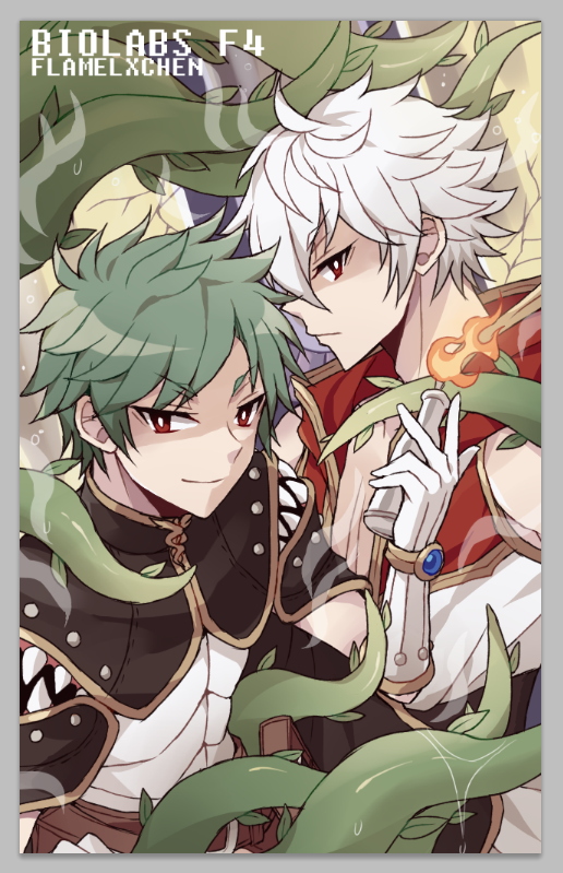 champion (ragnarok online), creator (ragnarok online), ragnarok online, 2boys, astrarunia, aura, bio lab, border, brown cape, cape, chen lio, closed mouth, coat, flamel emure, gloves, gold trim, green hair, grey border, grey hair, looking at viewer, male focus, molotov cocktail, multicolored coat, multiple boys, plant, red coat, red eyes, shirt, short hair, sleeveless, sleeveless coat, smile, thorns, two-tone coat, upper body, vines, white coat, white gloves, white shirt