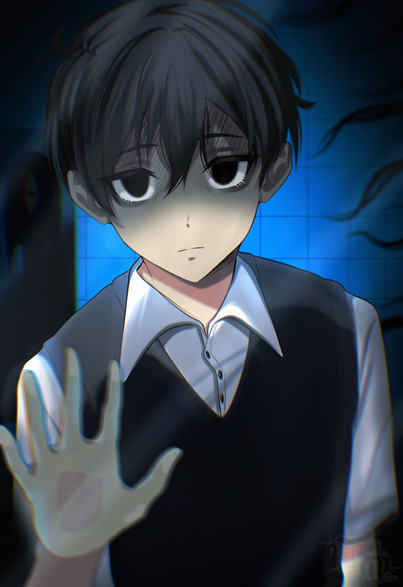 something (omori), sunny (omori), omori, commentary, english commentary, highres, 1boy, against mirror, antenna hair, arm at side, bags under eyes, bathroom, black eyes, black hair, black sweater vest, buttons, chromatic aberration, closed mouth, diadukke, double-parted bangs, empty eyes, hair between eyes, hand up, indoors, light frown, looking at viewer, male focus, no pupils, open door, shaded face, shirt, short hair, short sleeves, solo, sweater vest, tile wall, tiles, upper body, upturned eyes, very short hair, vignetting, white shirt