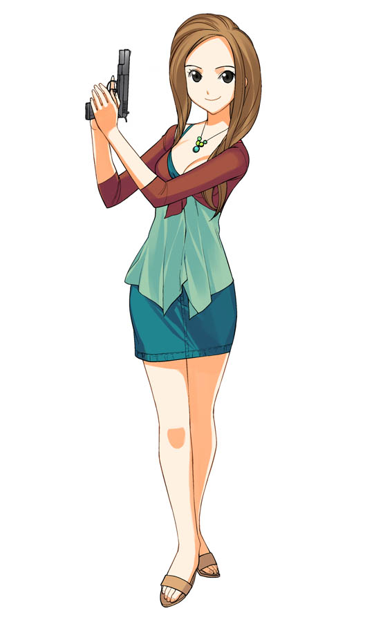 a1 (initial-g), 1girl, brown hair, female focus, gun, handgun, holding, holding gun, holding weapon, jewelry, necklace, pencil skirt, pistol, skirt, solo, trigger discipline, weapon
