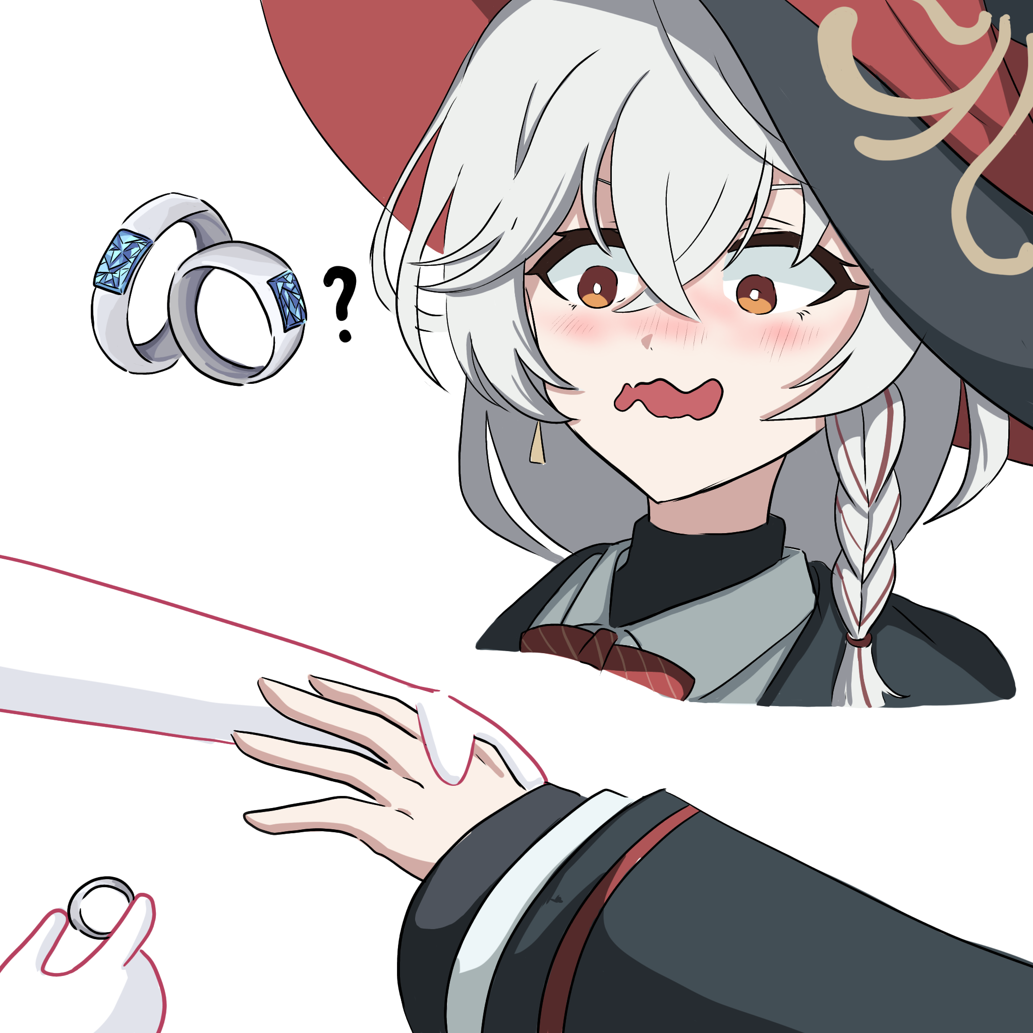 doodle sensei (blue archive), eri (blue archive), sensei (blue archive), blue archive, artist request, highres, korean commentary, 1boy, 1girl, ?, blush, bow, bowtie, braid, brown eyes, hat, jewelry, long hair, red bow, red bowtie, ring, shirt, single braid, wavy mouth, white hair, white shirt, witch hat