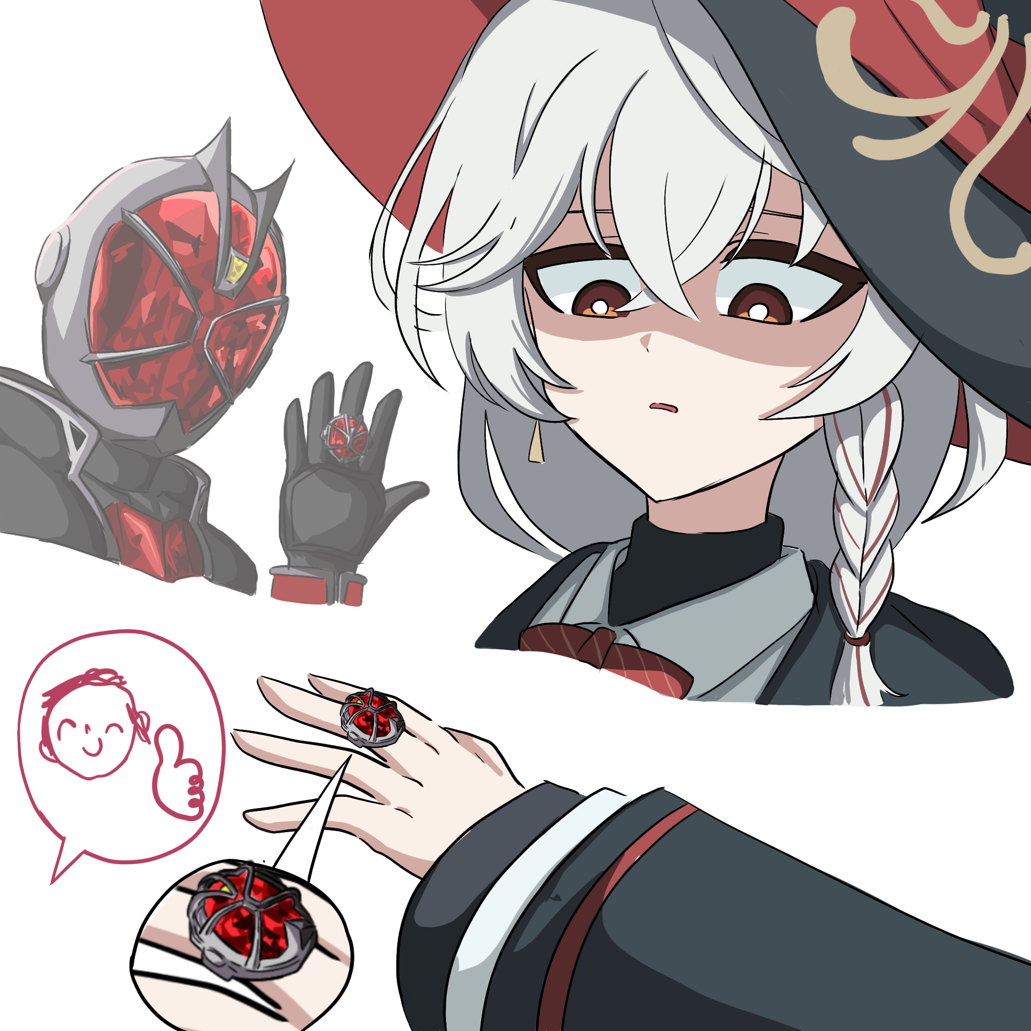 doodle sensei (blue archive), eri (blue archive), kamen rider wizard, sensei (blue archive), blue archive, kamen rider, kamen rider wizard (series), artist request, highres, 1boy, 1girl, bow, bowtie, braid, brown eyes, hat, jewelry, long hair, partially shaded face, red bow, red bowtie, ring, shirt, thumbs up, unamused, white hair, white shirt, witch hat