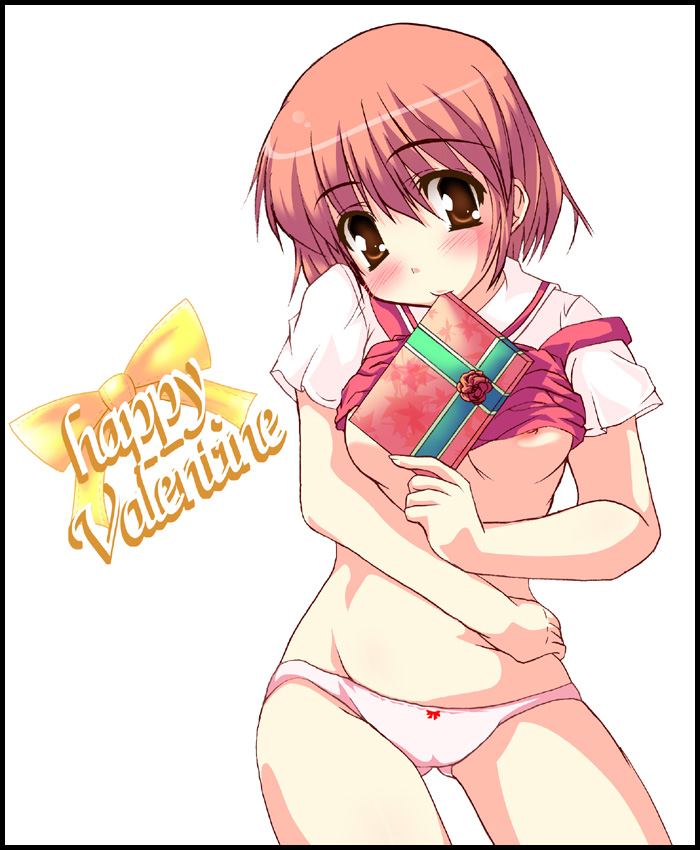 tekehiro, osaragi hazumu, kashimashi, 00s, 1girl, blush, bow, bow panties, breasts, brown eyes, brown hair, chocolate, clothes lift, female focus, happy valentine, mouth hold, nipples, orange hair, panties, pink panties, red hair, school uniform, serafuku, shirt lift, short hair, solo, standing, underboob, underwear, valentine