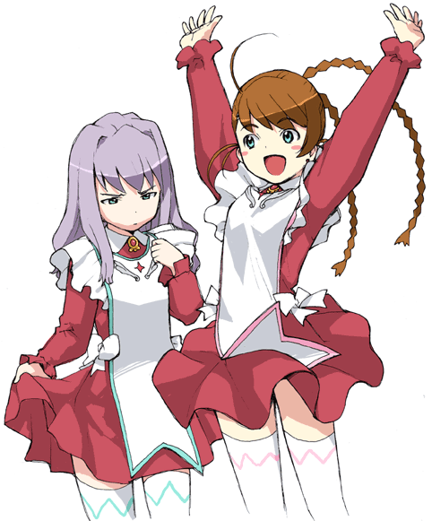 takenashi eri, arika yumemiya, mashiro blan de windbloom, my-otome, 00s, 2girls, :d, ahoge, apron, arms up, blue eyes, blush stickers, bow, braid, brooch, brown hair, clothes lift, flat chest, garderobe uniform, green eyes, grey hair, jewelry, long hair, long sleeves, multiple girls, open mouth, simple background, skirt, skirt lift, smile, standing, thighhighs, twin braids, waitress, white thighhighs, zettai ryouiki