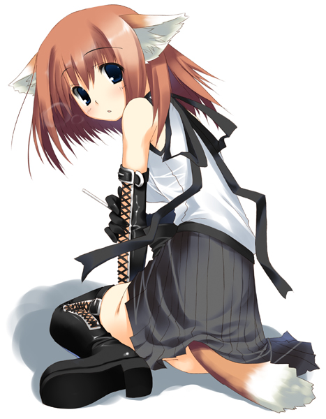 kagome (traumatize), original, 1girl, animal ears, blue eyes, blush, boots, elbow gloves, female focus, fox, fox ears, fox tail, gloves, lace-up boots, looking back, orange hair, red hair, sitting, skirt, solo, tail, thigh boots, thighhighs