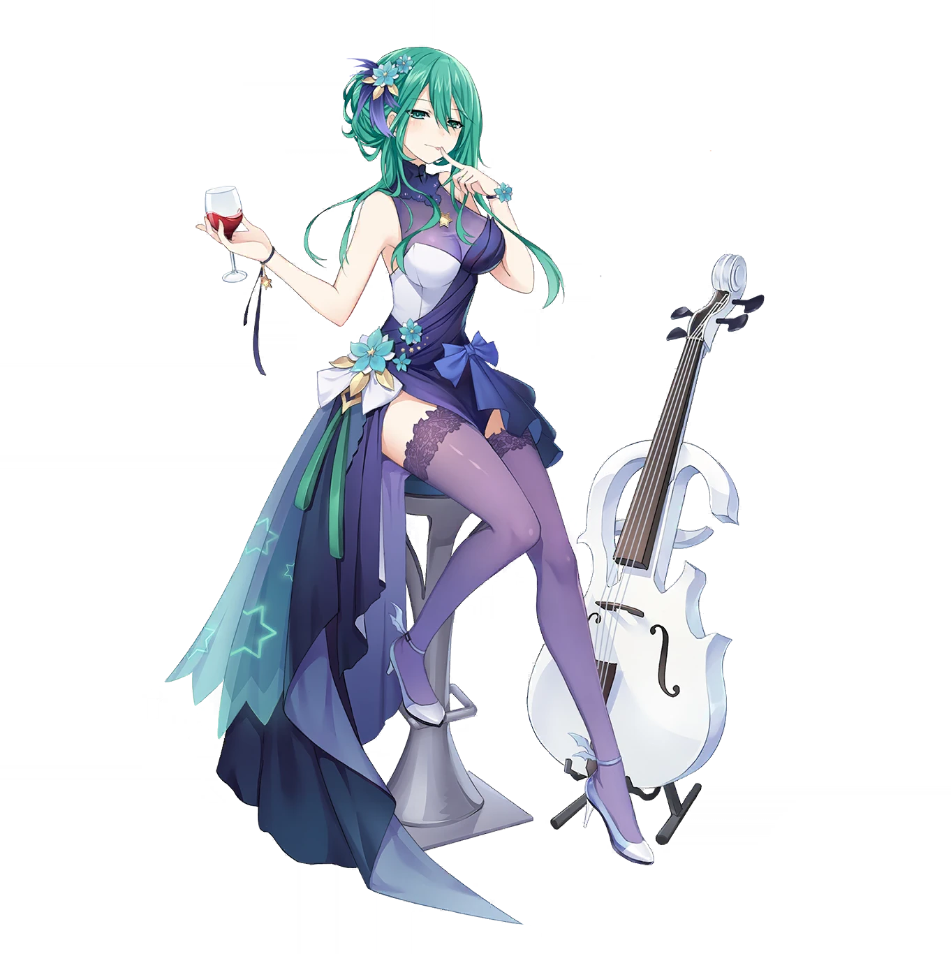 kyouno natsumi, date a live, date a live: spirit pledge, highres, official art, third-party source, 1girl, bare shoulders, breasts, cello, cup, dress, flower, green eyes, green hair, hair between eyes, hair flower, hair ornament, high heels, holding, holding cup, instrument, long hair, looking at viewer, medium breasts, multicolored dress, official alternate costume, purple dress, purple thighhighs, sitting, smile, solo, star (symbol), star print, tachi-e, thighhighs