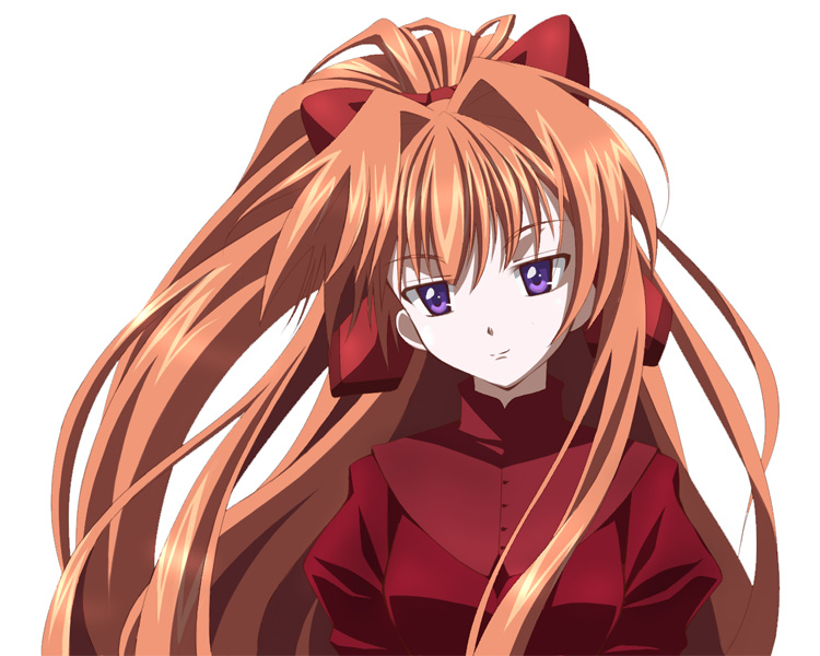 netarou (shinra), kaze no stigma, 1girl, bow, dress, hair bow, lapis (kaze no stigma), long hair, orange hair, ponytail, purple eyes, red bow, red dress, red ribbon, ribbon, smile, solo, upper body