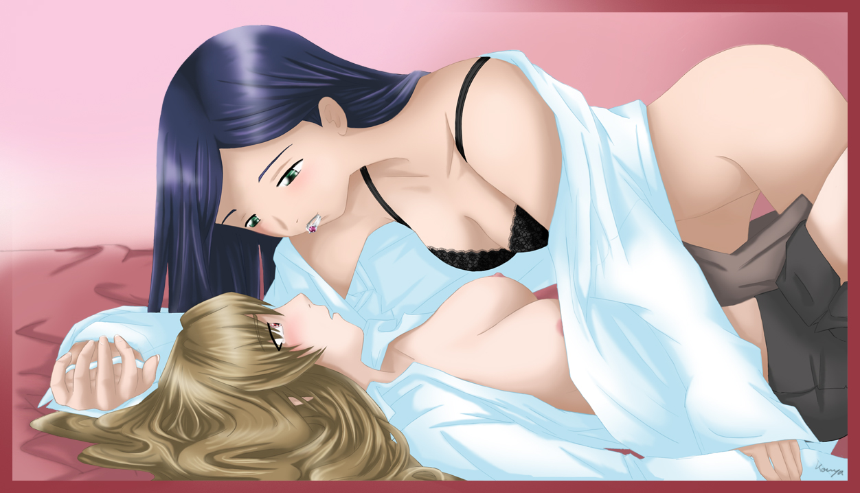 fujino shizuru, kuga natsuki, my-hime, 00s, 2girls, bed, bra, jewelry, lingerie, lying, multiple girls, nipples, ring, underwear, yuri