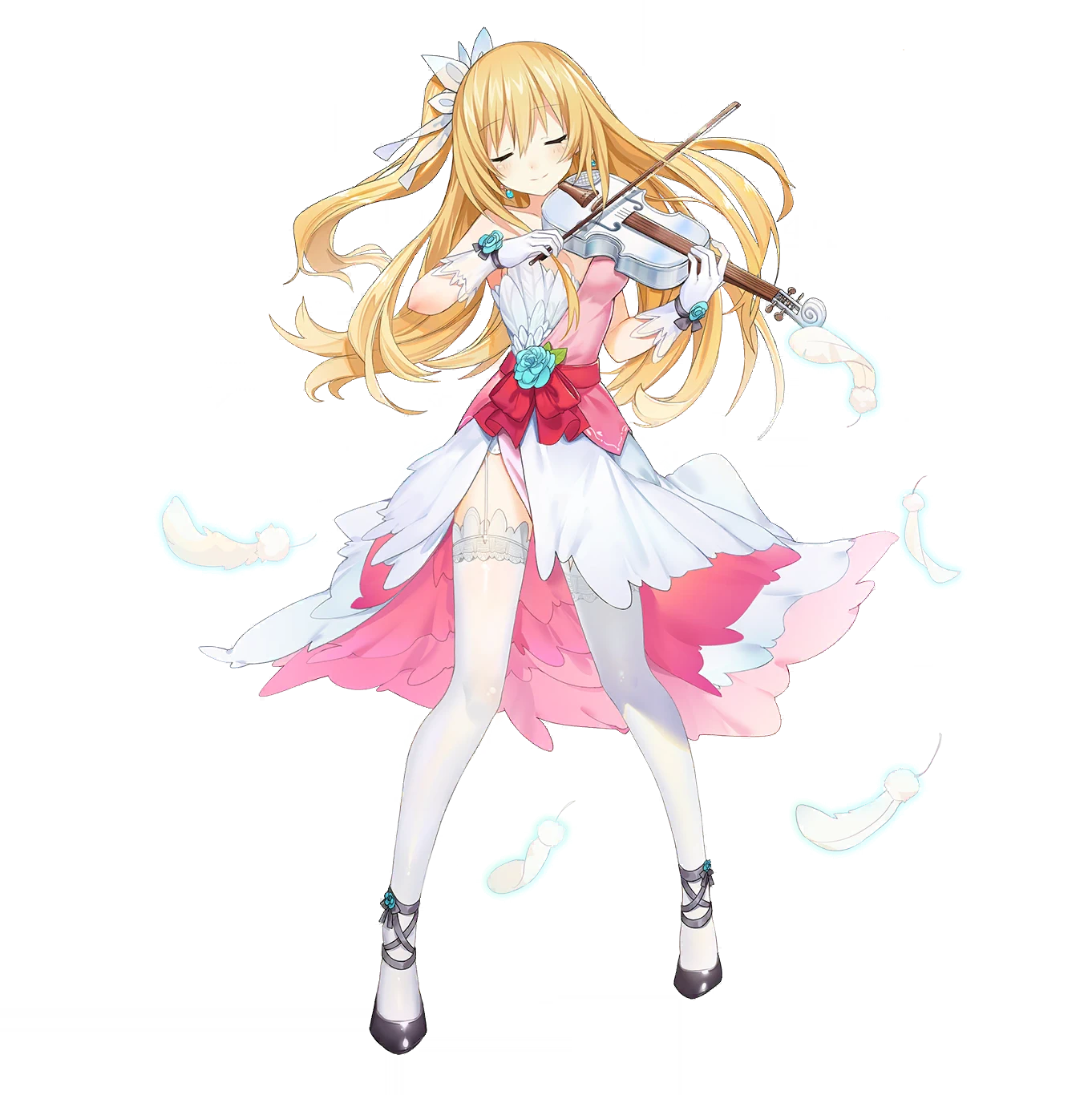 mayuri (date a live), date a live, date a live: spirit pledge, gekijouban date a live: mayuri judgement, highres, official art, third-party source, 1girl, blonde hair, bow (music), breasts, closed eyes, dress, earrings, feathers, flower, garter straps, gloves, holding, holding instrument, holding violin, instrument, jewelry, long hair, medium breasts, multicolored dress, official alternate costume, one side up, smile, solo, tachi-e, thighhighs, violin, white gloves, white thighhighs