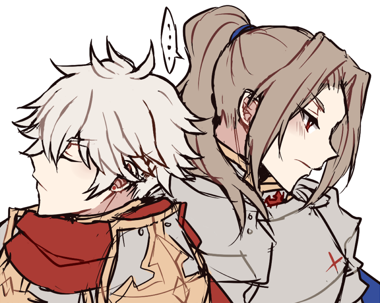 lord knight (ragnarok online), paladin (ragnarok online), seyren windsor, ragnarok online, …, 2boys, armor, astrarunia, breastplate, brown hair, cape, closed eyes, closed mouth, cross, curtained hair, expressionless, grey hair, long hair, multiple boys, pauldrons, profile, randel lawrence, red cape, red eyes, short hair, shoulder armor, simple background, spoken ellipsis, upper body, white background