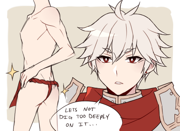 lord knight (ragnarok online), seyren windsor, ragnarok online, 1boy, ass, astrarunia, cape, english text, fundoshi, grey hair, japanese clothes, looking at viewer, male focus, multiple views, open mouth, red cape, red eyes, short hair, upper body