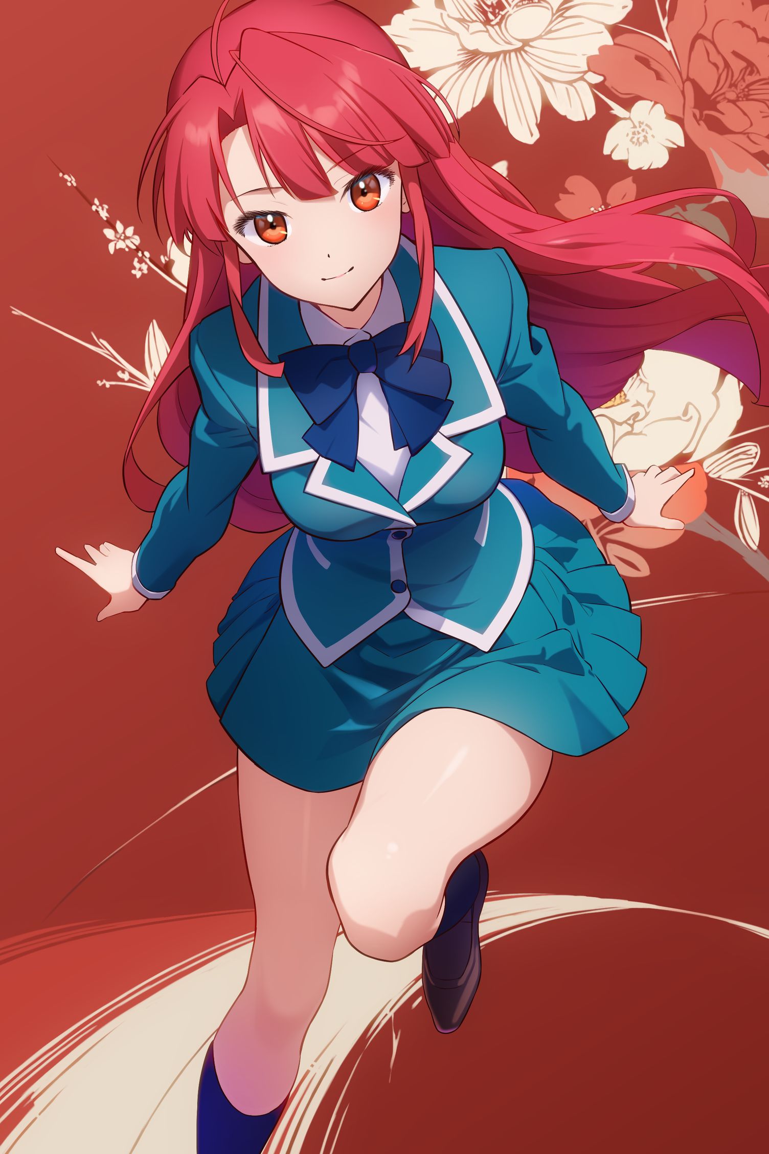 netarou (shinra), kannagi ayano, kaze no stigma, highres, 1girl, blazer, jacket, long hair, looking at viewer, orange eyes, pleated skirt, red background, red hair, school uniform, seiryou academy school uniform, skirt, solo