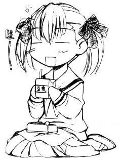 fukuzawa yumi, maria-sama ga miteru, lowres, 00s, greyscale, hair ribbon, juice box, kneeling, monochrome, ribbon, school uniform, seiza, serafuku, simple background, sitting, solo, twintails, white background