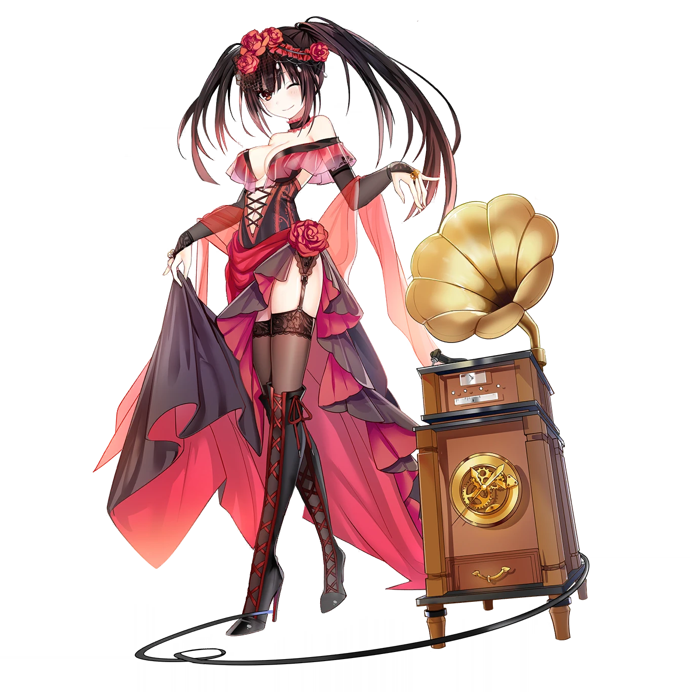 tokisaki kurumi, date a live, date a live: spirit pledge, highres, official art, third-party source, 1girl, bare shoulders, black hair, black thighhighs, boots, breasts, bridal gauntlets, choker, cleavage, dress, elbow gloves, flower, frilled choker, frills, garter straps, gloves, hair flower, hair ornament, high heel boots, high heels, lace-up boots, long hair, looking at viewer, medium breasts, official alternate costume, one eye closed, phonograph, red dress, red eyes, smile, solo, tachi-e, thighhighs, twintails, two-tone dress