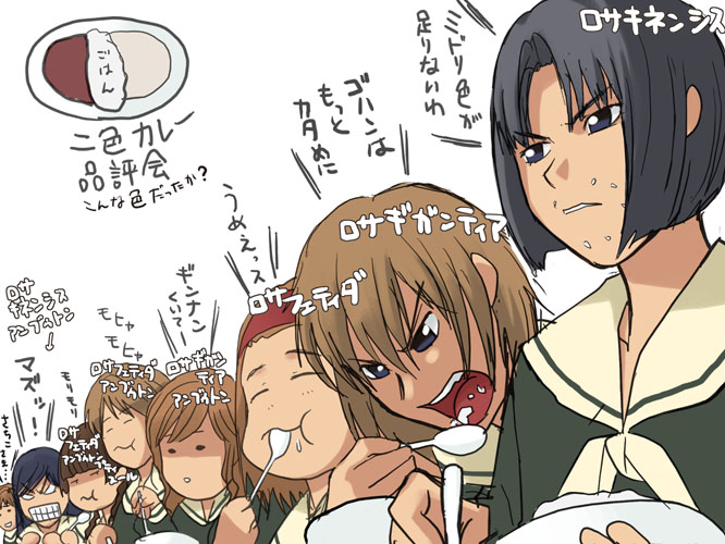 fukuzawa yumi, hasekura rei, mizuno youko, ogasawara sachiko, satou sei, shimazu yoshino, torii eriko, toudou shimako, maria-sama ga miteru, 00s, 6+girls, black hair, blonde hair, blue eyes, brown hair, clenched teeth, closed eyes, eating, everyone, food, food on face, hairband, holding, lineup, multiple girls, open mouth, school uniform, serafuku, short hair, spoon, teeth, upper body, white background
