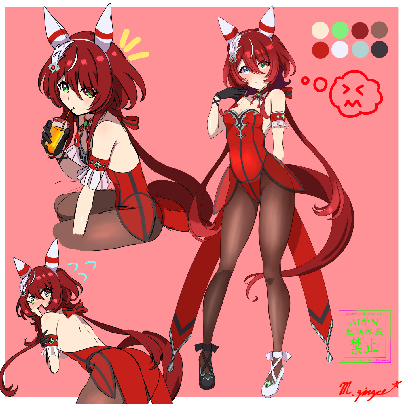 win variation (umamusume), umamusume, commentary request, highres, 1girl, alternate costume, ass, asymmetrical footwear, bare shoulders, black pantyhose, black shoes, blush, border, breasts, cleavage, color guide, cup, drinking straw, drinking straw in mouth, ear covers, ear ornament, green eyes, hair between eyes, holding, holding cup, leotard, megadeth ginger, mismatched footwear, multicolored hair, nontraditional playboy bunny, outside border, pantyhose, red hair, red leotard, shoes, signature, small breasts, solo, speech bubble, strapless, strapless leotard, streaked hair, thought bubble, white border, white hair, white shoes