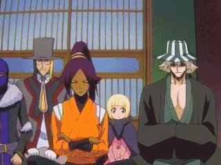 abarai renji, hanakari jinta, inoue orihime, ishida uryuu, kuroodo, kurosaki ichigo, noba (bleach), ririn, sado yasutora, shihouin yoruichi, tsukabishi tessai, tsumugiya ururu, urahara kisuke, bleach, animated, animated gif, anime screenshot, lowres, 00s, 4girls, 6+boys, dark skin, everyone, multiple boys, multiple girls, nova (bleach), qvga, sitting