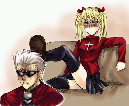 archer (fate), harima kenji, sawachika eri, tohsaka rin, fate/stay night, fate (series), school rumble, lowres, 1boy, 1girl, archer (fate) (cosplay), black thighhighs, blonde hair, cosplay, dark-skinned male, dark skin, parody, thighhighs, tohsaka rin (cosplay), turtleneck