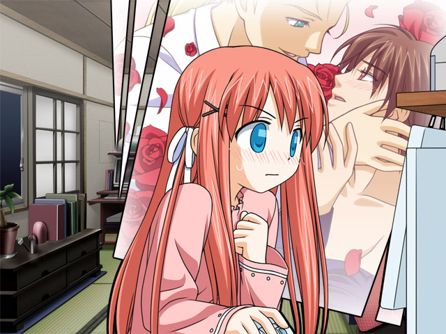 kani biimu, takaoka sayuki, touji no sato, game cg, 1girl, blue eyes, blush, computer, computer mouse, female focus, female pervert, flower, fujoshi, hair ribbon, indoors, long hair, pervert, petals, pink hair, playing games, pornography, red hair, ribbon, rose, solo, video game, yaoi, yaoi (object)