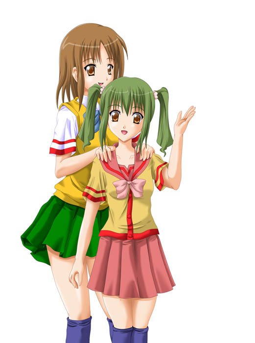 katsura minamo, katsura seina, gokujou seitokai, 00s, 2girls, bow, brown eyes, brown hair, green hair, kneehighs, multiple girls, open mouth, pleated skirt, school uniform, serafuku, short hair, siblings, sisters, skirt, socks, thighhighs, twintails, zettai ryouiki