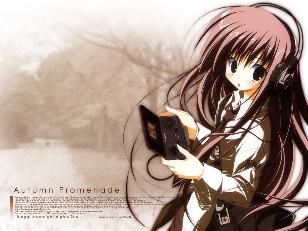 suzuri, suzuri (tennenseki), natsume ai, sakura no uta, 1girl, :o, bag, black eyes, blush, brown hair, carrying over shoulder, collared shirt, female focus, handheld game console, headphones, long hair, open mouth, over shoulder, playing games, school bag, shirt, solo, upper body, video game, white shirt