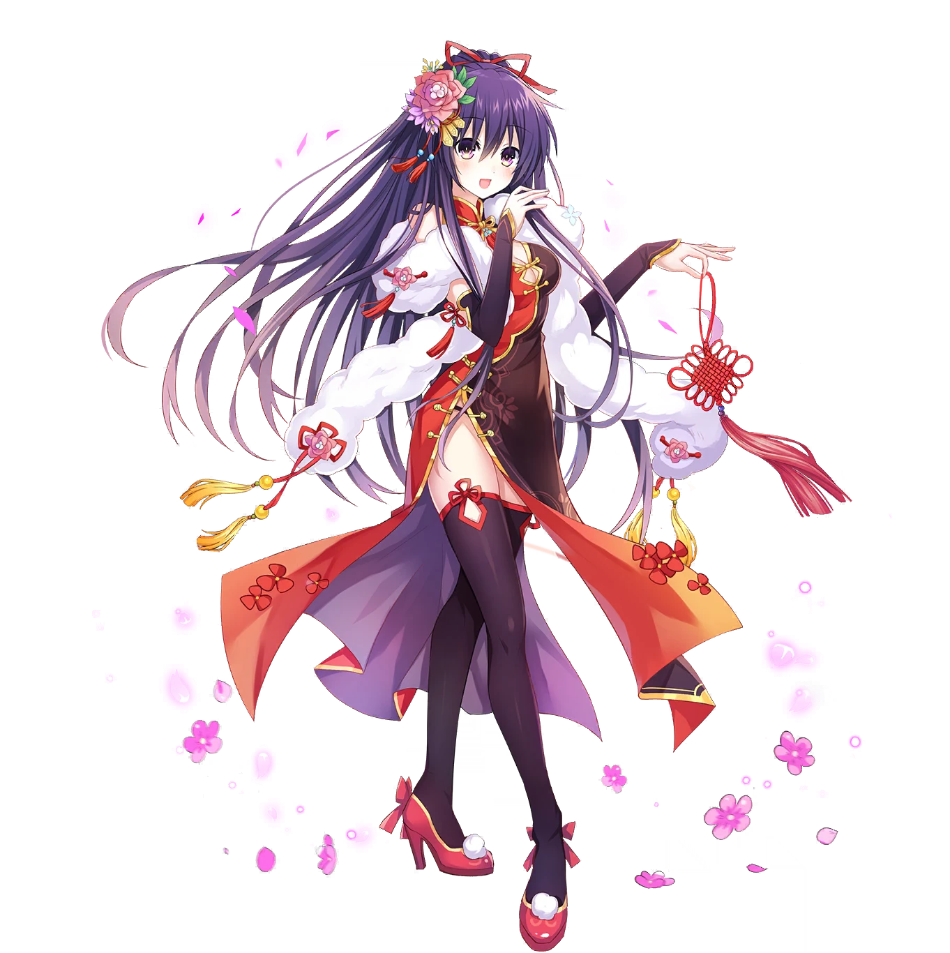 yatogami tohka, date a live, date a live: spirit pledge, highres, official art, third-party source, 1girl, black thighhighs, breasts, china dress, chinese clothes, dress, flower, fur shawl, hair flower, hair ornament, hair ribbon, high heels, long hair, looking at viewer, medium breasts, official alternate costume, open mouth, pink flower, ponytail, purple eyes, purple hair, red shoes, ribbon, shawl, shoes, smile, solo, tachi-e, thighhighs, transparent background