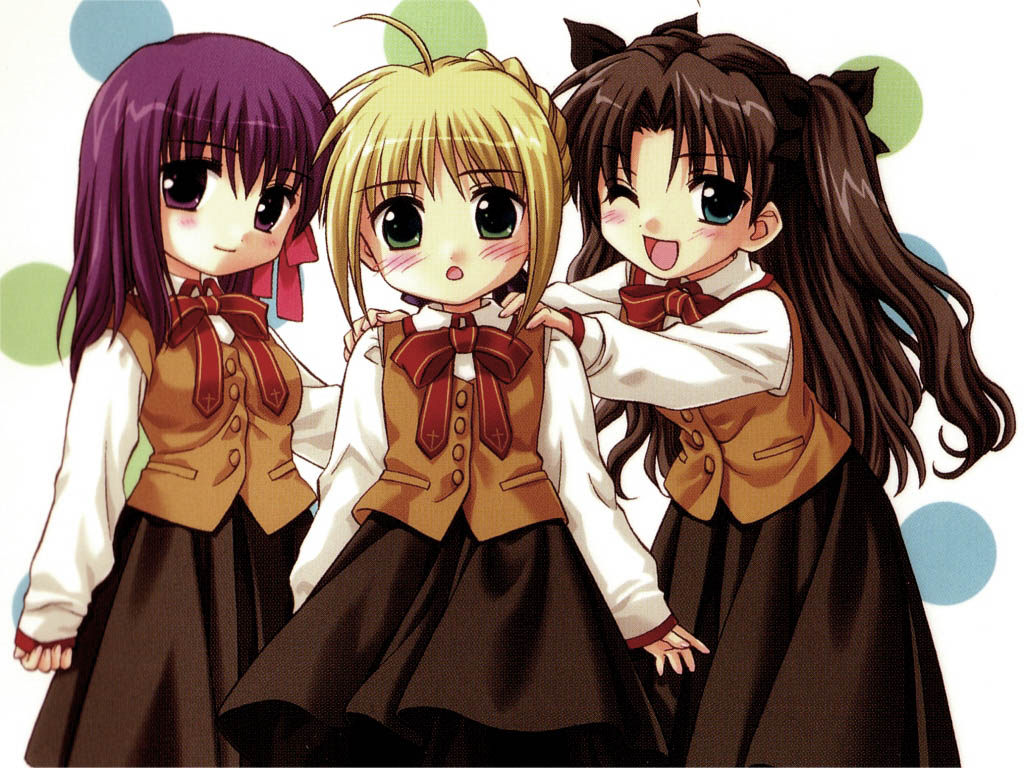 matou sakura, saber (fate), tohsaka rin, fate/stay night, fate (series), blush, chibi, school uniform, wink